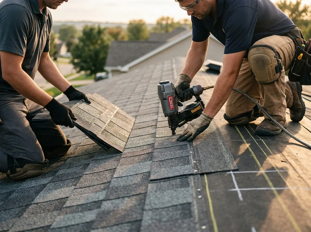 Professional roofer working on a residential roof in Placentia